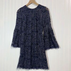 Dress the Population Navy Gold Metallic Lace Bell Sleeve Shift Dress S USA Party